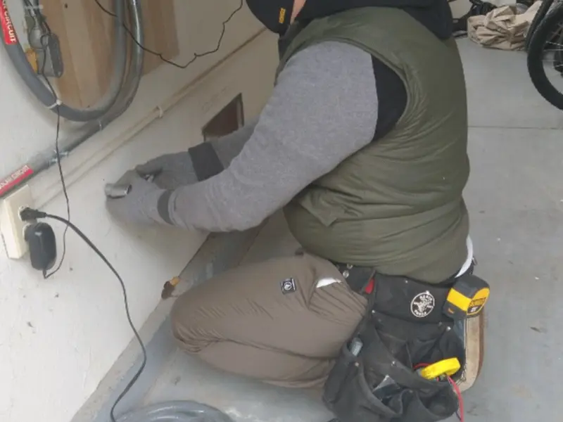 Electrician performing outlet wiring in a Oatfield garage